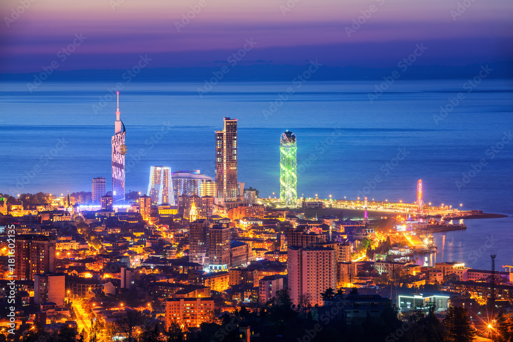 Panorama of Batumi city, Georgia, illuminated on sunset