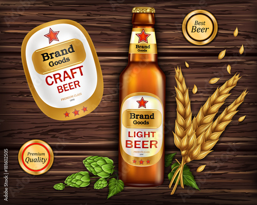 Brand labeled brown glass bottle with light beer on wooden background with ingredients, barley ears and hops, vector realistic. Poster template for classic craft beer, ad package design