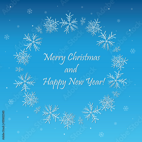 blue vector background with frame and snowflakes - merry christmas and happy new year