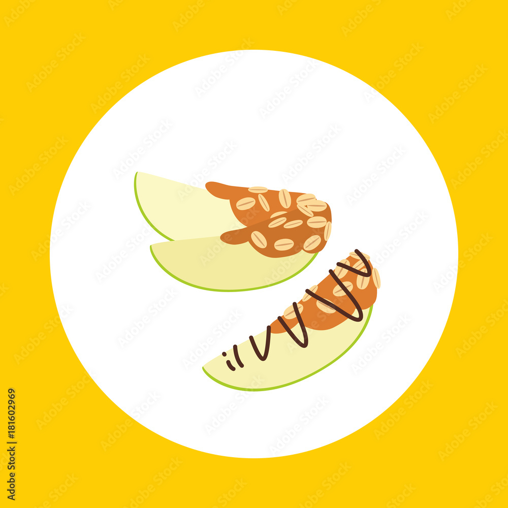 Apple slices with peanut butter, oatmeal flakes and chocolate. Vector flat icon of healthy snack. Apple slices with peanut butter, oatmeal flakes and chocolate. Vector flat icon of healthy snack.