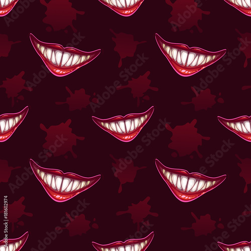 Seamless pattern with scary vampires smiles