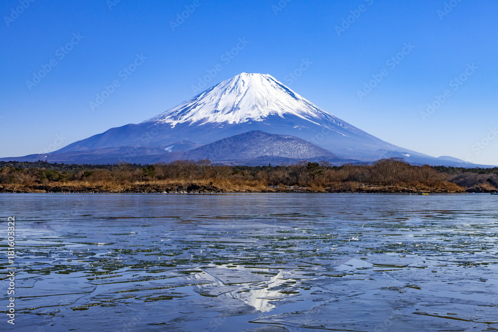 冬の精進湖で眺める富士山