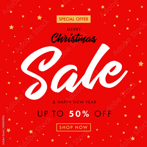 Calligraphy Christmas Sale, Happy New Year red banner. Merry Christmas sale banner with text special offer Sale 50% off and golden stars on red background. Vector illustration template