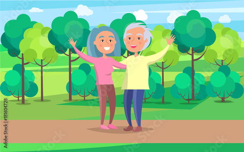 Happy Grandparent Senior Couple Wave Hands in Park