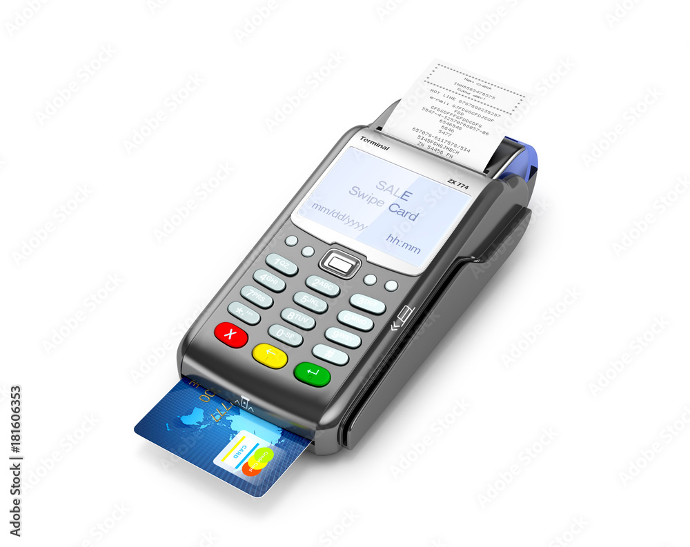 Credit card and card reader machine on a white background. 3D illustration Credit card and card reader machine on a white background. 3D illustration