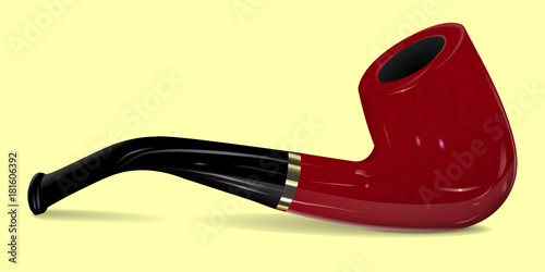 Tube for smoking tobacco. Isolated on a yellow background. Lies on the surface. A wooden, heather s tube with a black mouthpiece. A realistic subject with a shadow. Vector illustration.

