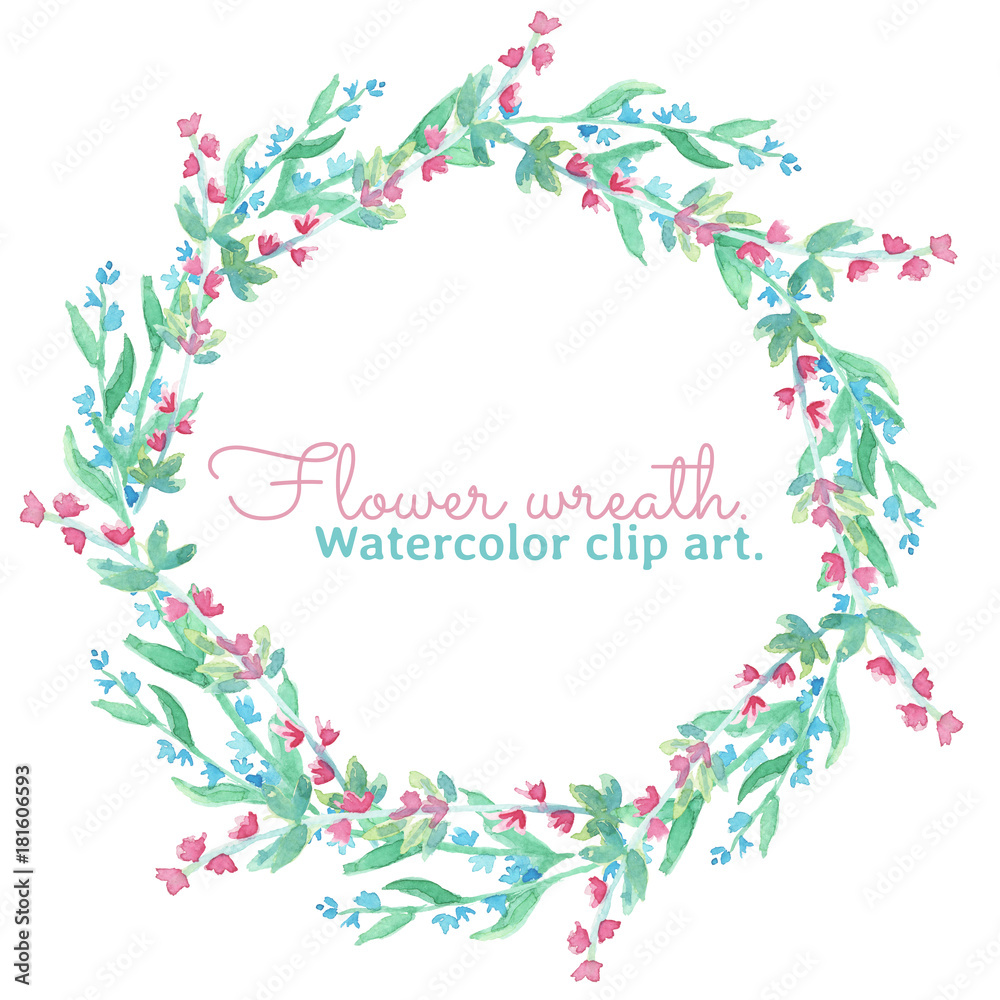 The wreath of flower ivy. Watercolor clip art with blue and pink flower of ivy. The image is illustration for object, frame and card.