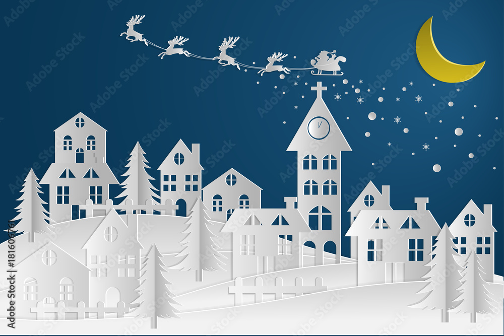 paper art landscape of Christmas and happy new year with celebrate.