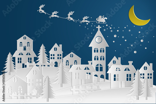 paper art landscape of Christmas and happy new year with celebrate.