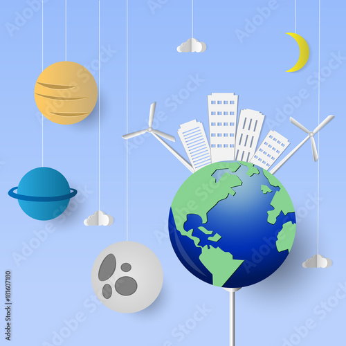 Cities on earth and planets in the universe. paper cut style.