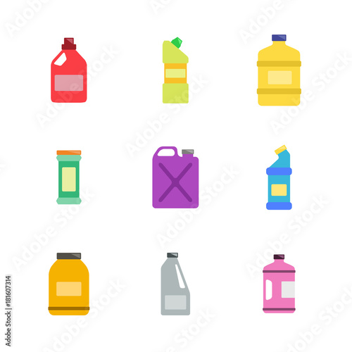 icons set with bottles with cleaning chemical products  for your design