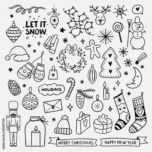 Cute hand drawn Christmas elements. New Year and Christmas doodle for greeting cards