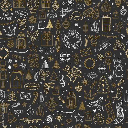 Cute hand drawn seamless Christmas pattern. Vector background with New Year and Christmas elements