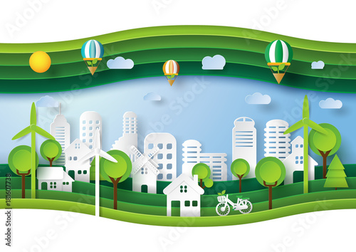 Green eco friendly and save energy concept design.Urban countryside and cityscape of environment conservation paper art style.Vector illustration.