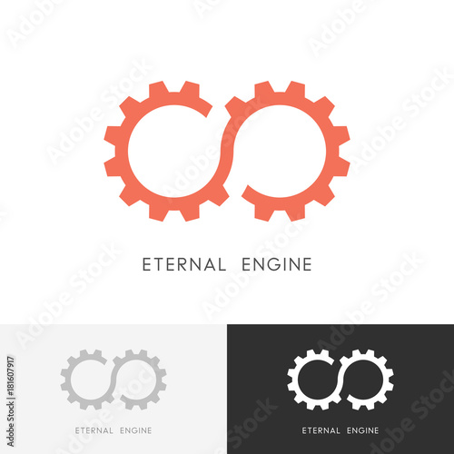 Eternal engine logo - gear wheel or pinion and infinity symbol. Perpetuum mobile, industry and mechanical engineering vector icon.