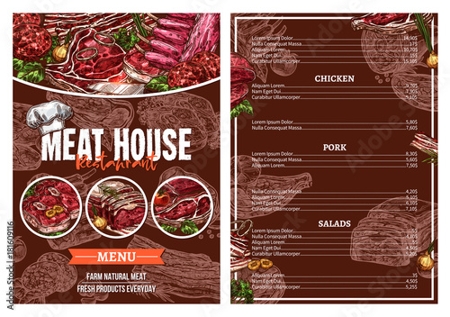 Barbecue meat menu for restaurant brochure design