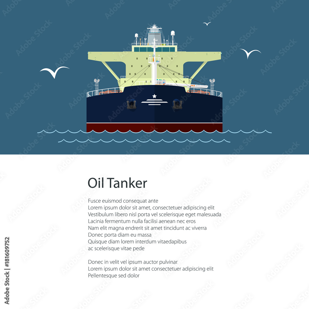 Obraz premium Poster with Industrial Vessel at Sea, Oil Tanker and Text, International Freight Transportation and Shipping, Brochure Flyer Design, Vector Illustration