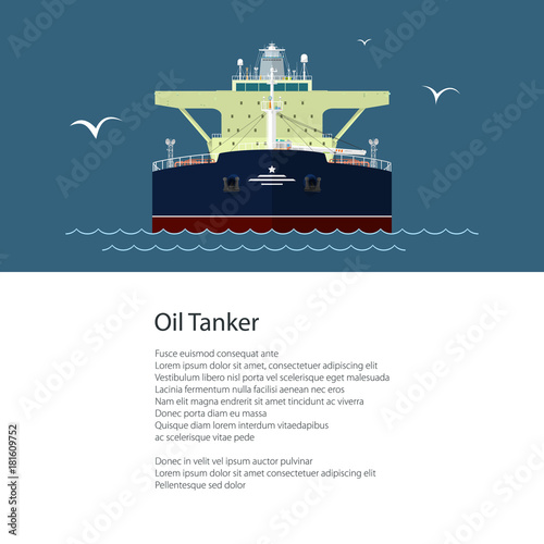 Poster with Industrial Vessel at Sea, Oil Tanker and Text, International Freight Transportation and Shipping, Brochure Flyer Design, Vector Illustration