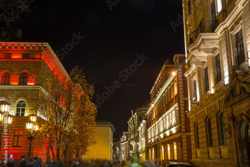 RIGA, LATVIA, NOVEMBER 17, 2017: Festival Staro Riga, Beaming Riga celebrating 99th anniversary of independence. Night VECRIGA