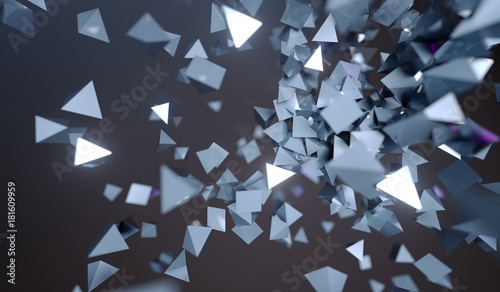 3D Rendering Of Abstract Flying Chaotic Metal Pyramids Background