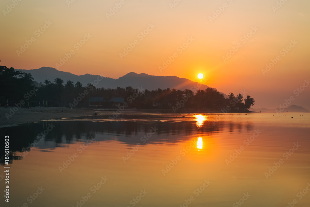 Panorama of sunset on Koh Pha Ngan island, Thong Sala beach, Thailand