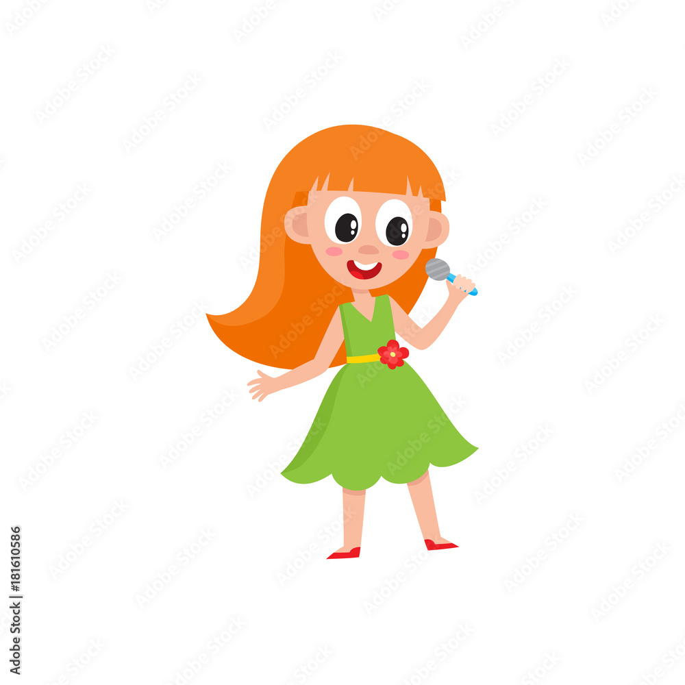 Pretty redhead girl in green singing in microphone, stage performance,  karaoke party, cartoon vector illustration isolated on white background.  Cute little girl singing song, holding microphone Stock Vector | Adobe Stock