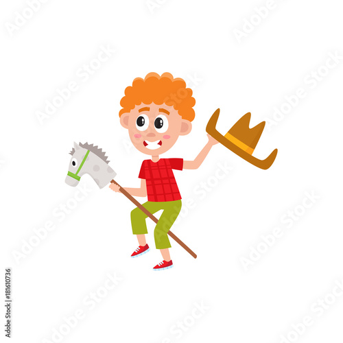 Funny red-haired little boy riding stick horse and waving cowboy hat, cartoon vector illustration on white background. Boy playing with stick horse and cowboy hat, summer camp, vacation activity