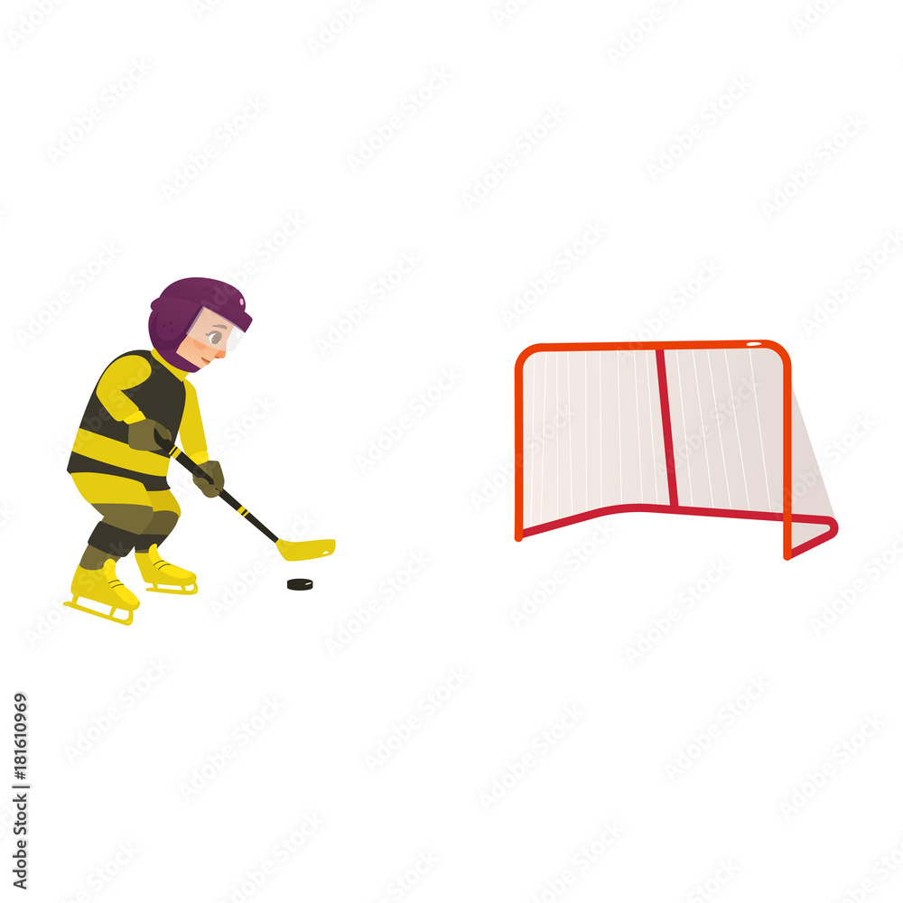 Obraz premium Happy boy playing hockey in yellow black uniform, passing pack to the gate, flat cartoon vector illustration isolated on white background. Flat cartoon little boy playing hockey with puck and stick