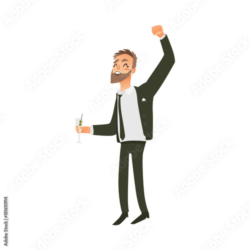 vector flat office worker man with beard in formal corporate clothing - jacket, suit with black necktie, character dancing having fun holding cockteil at party. Isolated illustration white background. photo