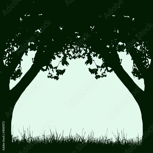 Frame of tree trunks and branches with foliage in retro style with space for text