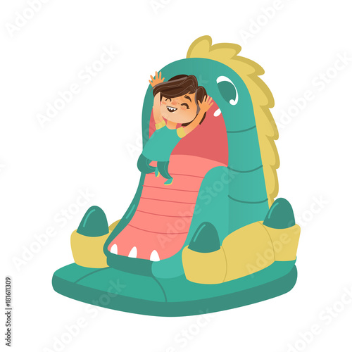 Happy kid, child boy jumping in dragon shape bouncy castle, cartoon vector illustration isolated on white background. Child, boy, kid having much fun from jumping on dragon shape bouncer