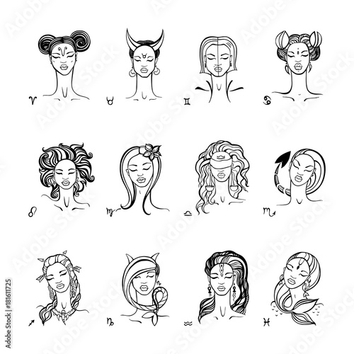 Zodiac sign. Beautiful fashion girl. Vector hand drawn illustration.