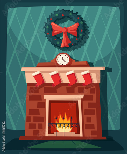 Merry Christmas. Fireplace and tree with decorations. Cartoon vector illustration