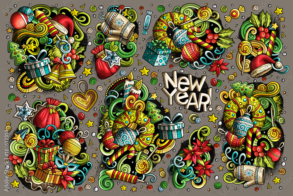 Fototapeta premium Doodle cartoon set of New Year and Christmas objects