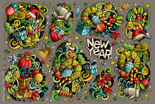Doodle cartoon set of New Year and Christmas objects