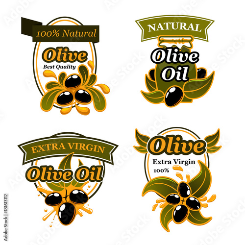 Olive oil label set with black fruit and splash