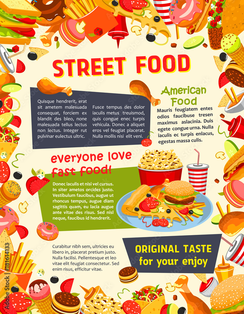 Obraz premium Fast food poster with burger, drink and dessert