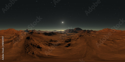 Fototapeta Naklejka Na Ścianę i Meble -  Panorama of Mars sunset, environment HDRI map. Equirectangular projection, spherical panorama. Martian landscape, 3d illustration