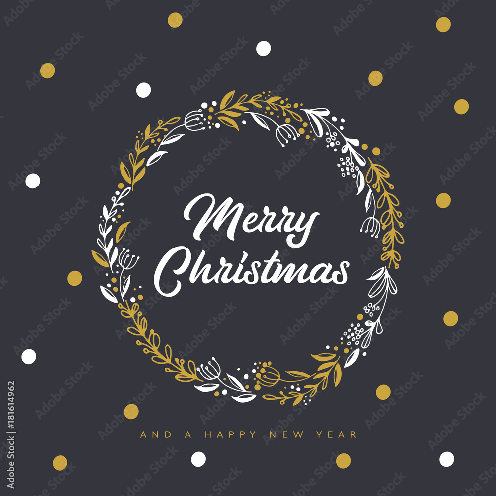 Merry Christmas and Happy New Year in wreath. Vector illustration.