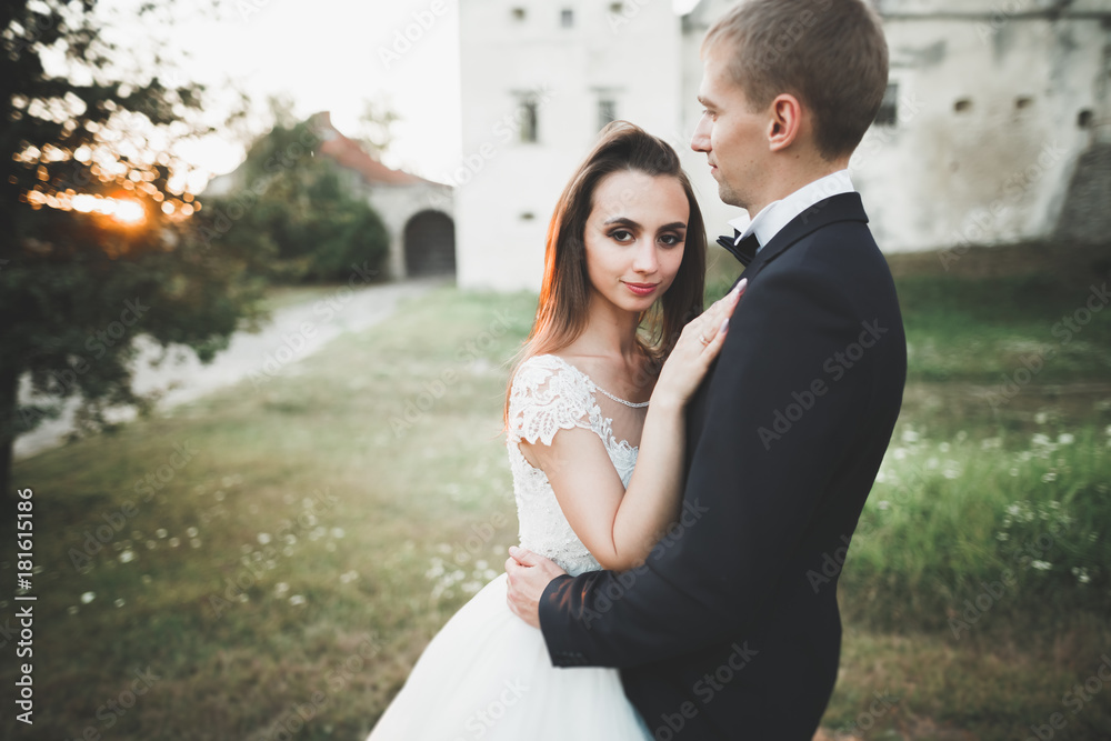 Naklejka premium Amazing happy gentle stylish beautiful romantic caucasian couple on the background ancient baroque castle