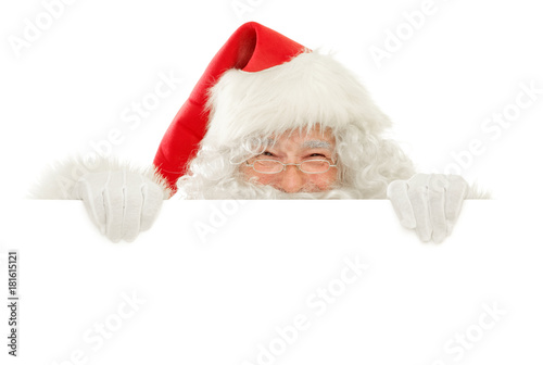 Series of Santa Claus isolated on White Cut out: Holding an empty Blank Sign playing peekaboo, Happy Smile photo