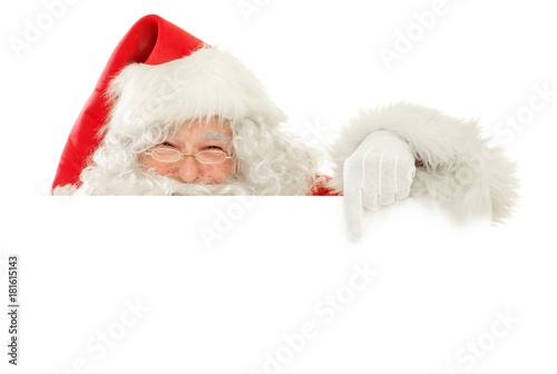Series of Santa Claus isolated on White Cut out: Holding an empty Sign playing peekaboo, Happy Smile And Pointing Finger photo
