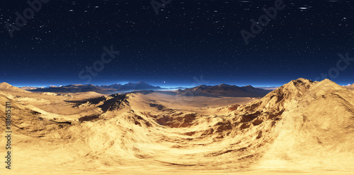 Fototapeta Naklejka Na Ścianę i Meble -  Panorama of desert landscape sunset, environment HDRI map. Equirectangular projection, spherical panorama. 3d rendering