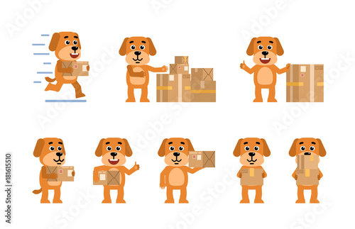Set of funny yellow dog characters posing with parcel box in different situations. Cheerful dog holding package, running and showing other actions. Flat style vector illustration