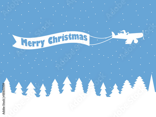 Santa Claus on a plane with a ribbon. Winter background with falling snow. White contour of Christmas trees. Vector illustration