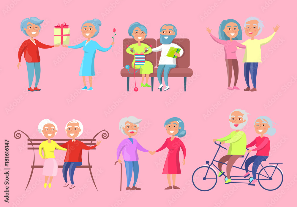 Smiling Older People Isolated Illustration on Pink