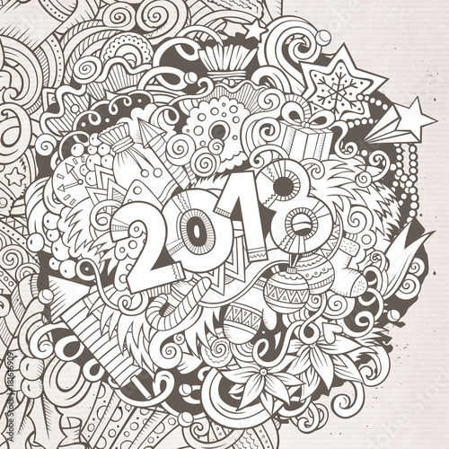 Cartoon vector cute doodles hand drawn 2018 year illustration