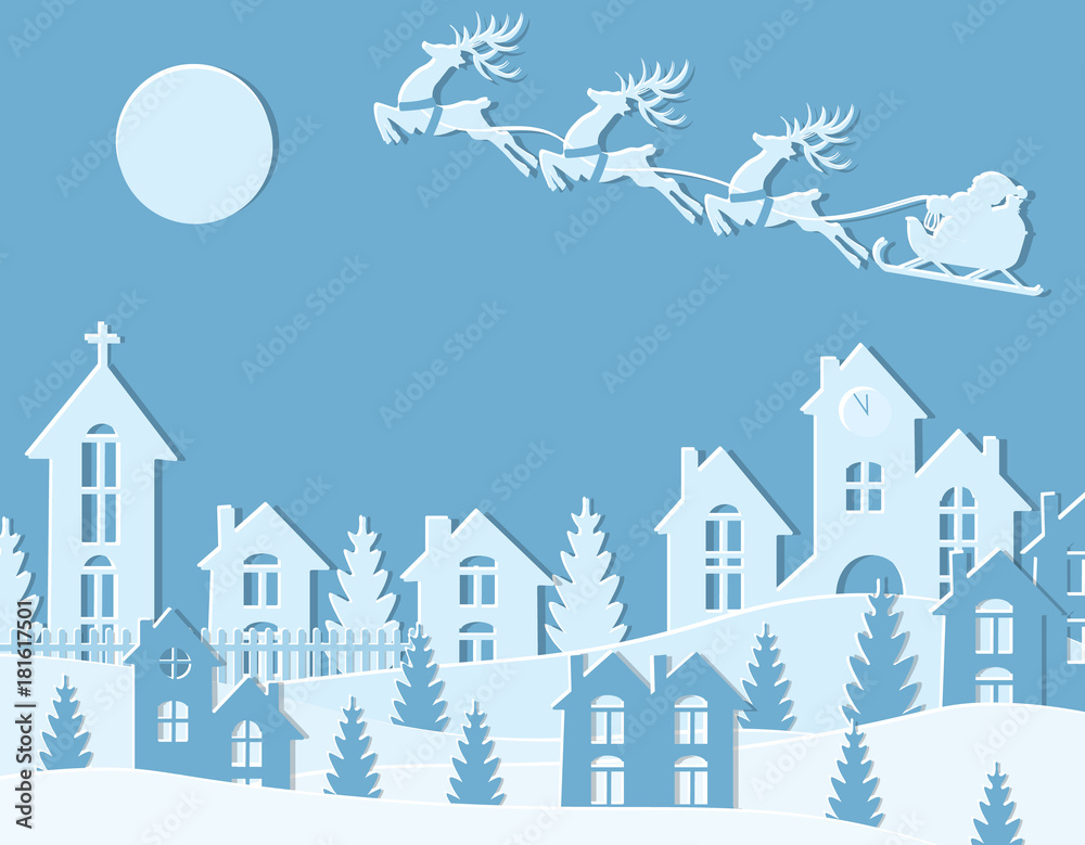 New Year Christmas. An image of Santa Claus and deer. Winter city in the New Year. Snow, moon, trees, houses, temple. illustration