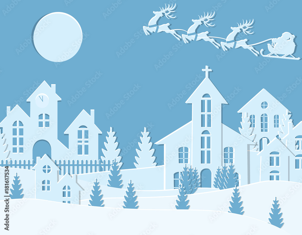 New Year s Christmas. An image of Santa Claus and deer. Winter city in the New Year. Snow, moon, trees, houses, church. Cut from paper. illustration