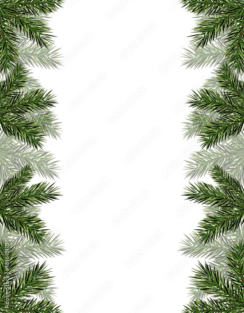 New Year Christmas. Flyer, business cards, cards, invitations. Green branches of trees on both sides. illustration